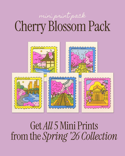 Cherry Blossom Pack mini print pack with five illustrated designs on a purple background